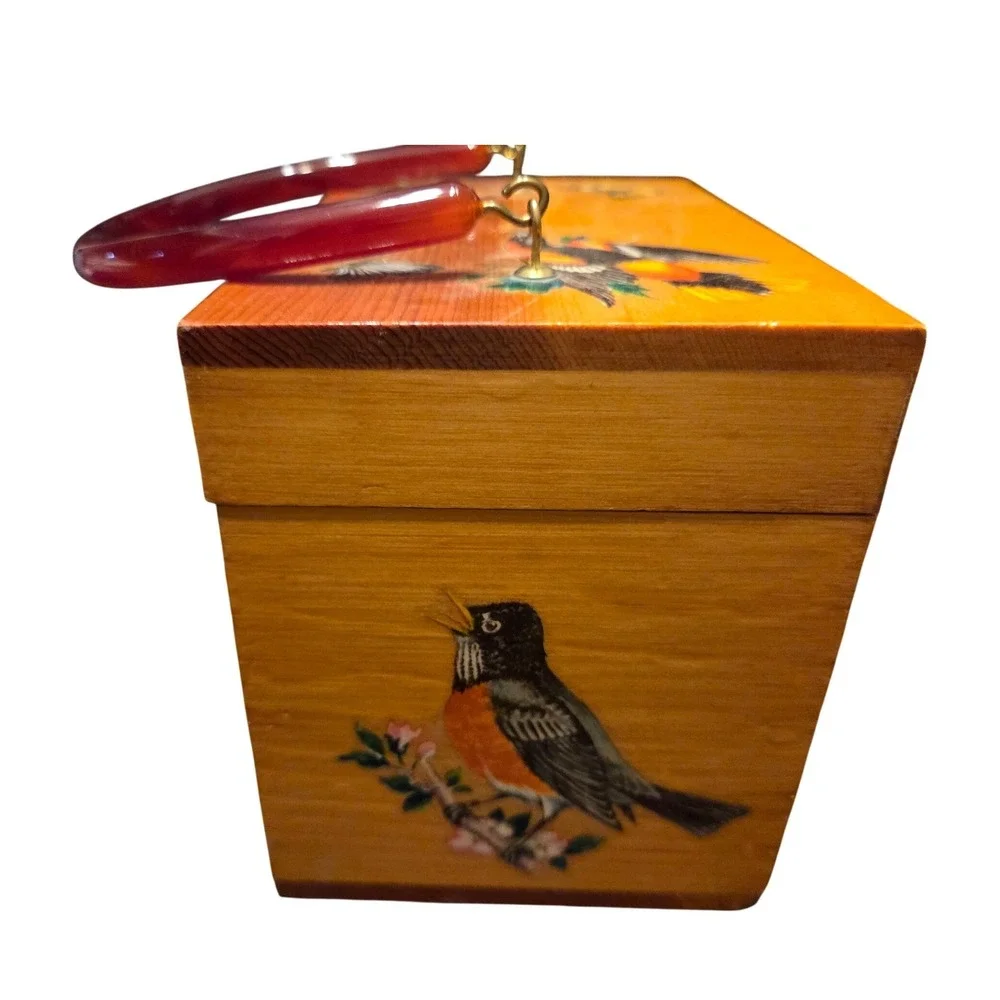 Vintage Wooden Box Purse Brown Bird Butterfly Lucite Handle Mid-Century